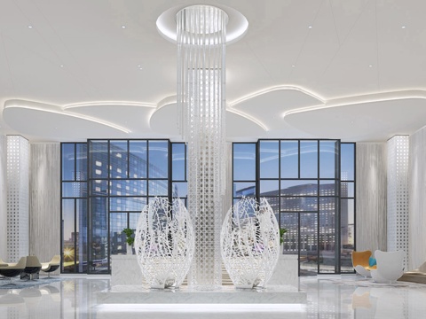  后现代白色公司大堂 吧台 镂空摆件 镂空柱子3d模型 