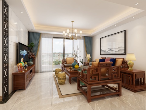  新中式客厅3d模型 