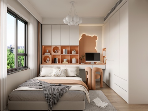 现代儿童房卧室 衣柜书桌床头背景柜  女孩房  榻榻米卧室su模型