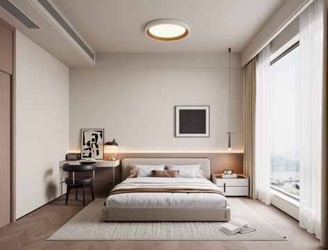 意式现代卧室 布艺双人床 床头柜 成品书桌 单椅 金属吊灯su模型