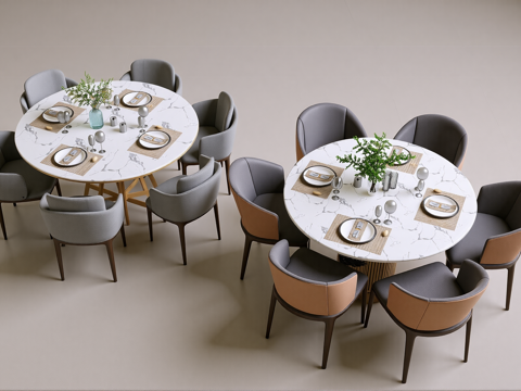 现代圆形餐桌椅餐具酒杯组合su模型