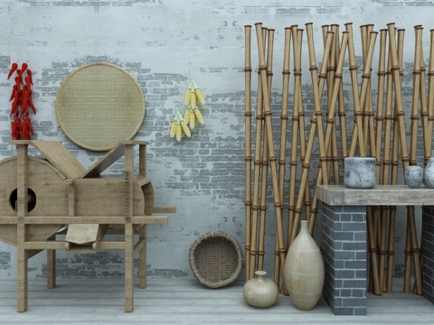 中式自然风农具农产品组合3d模型