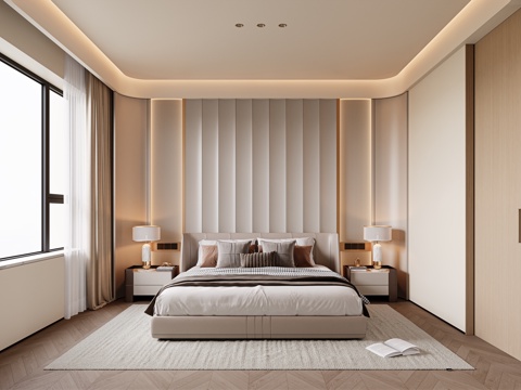 现代轻奢卧室 无主灯卧室 长辈房 老人房 床头背景墙 双人床su模型