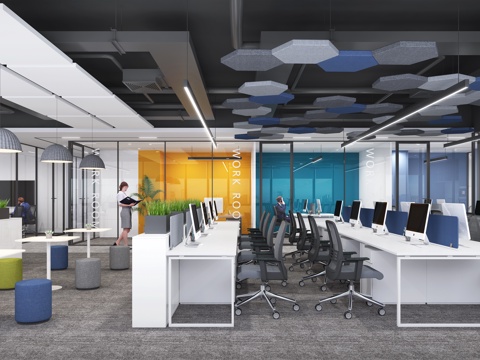  现代公共办公室 办公桌椅 办公柜 长条灯 开放办公区 休闲桌3d模型 