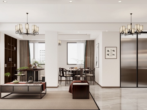  新中式客餐厅 新中式沙发 新中式餐桌 新中式茶桌书桌 酒柜3d模型 