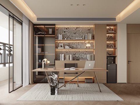 意式现代书房 无主灯书房 开放式书房 书桌椅 单椅 书房书柜su模型