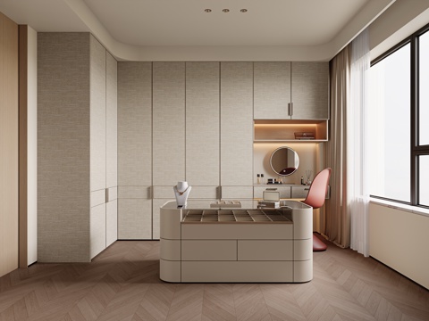 意式现代衣帽间 定制衣柜 衣帽间中岛台 梳妆台 单椅 化妆镜su模型