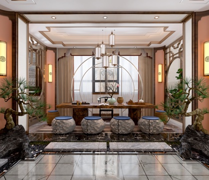  新中式办公室3d模型 