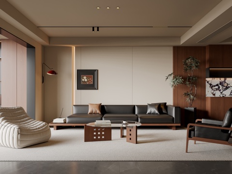  现代中古风客厅 沙发茶几 多人沙发 休闲椅 挂画 落地灯3d模型 