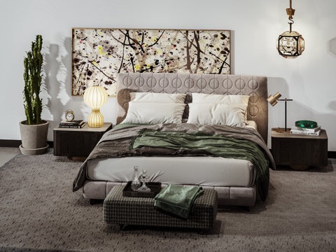  现代双人床装饰画抱枕组合3d模型 