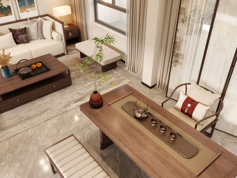  新中式客餐厅 书房 茶室3d模型 