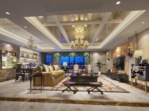  简欧大平层客餐厅3d模型 