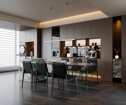  现代意式餐厅 餐桌椅 吊灯 餐边柜 酒柜3d模型 