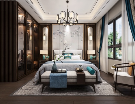  新中式卧室  床尾凳 床头柜 衣柜3d模型 