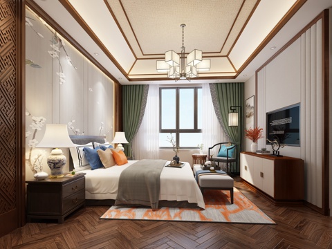  新中式卧室3d模型 
