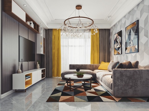  现代客厅餐厅 沙发 吊灯 电视柜 背景墙 餐桌 挂画3d模型 