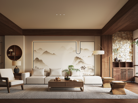 宋式客厅 沙发背景墙 沙发茶几组合su模型