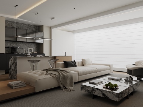  现代客餐厅 客厅 餐桌 酒柜 沙发 茶几3d模型 