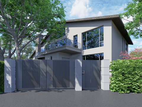 极简庭院大门，景墙，亲水平台，设备房，卧石su模型