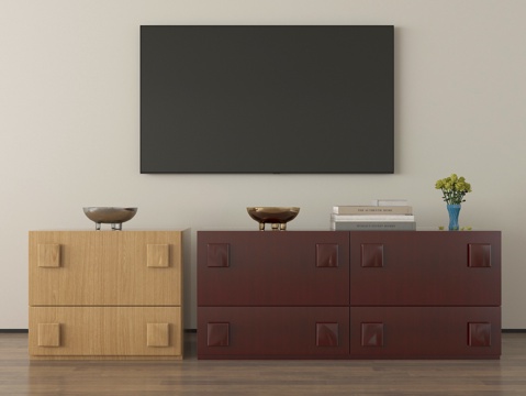 侘寂中古电视柜 边柜 电视 实木电视柜su模型