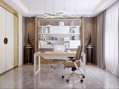  现代轻奢书房 书柜书桌3d模型 