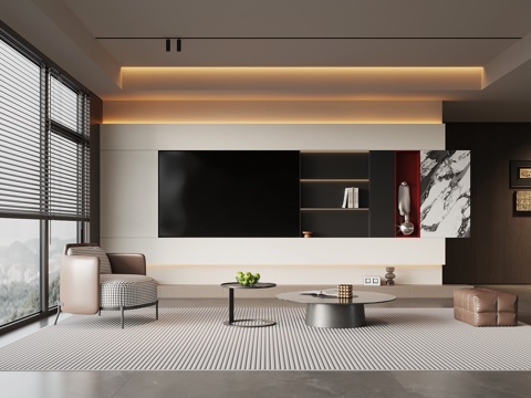 现代意式客厅 电视背景墙 沙发茶几组合su模型