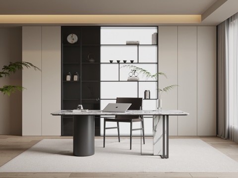  现代简约书房 书柜 书桌椅3d模型 