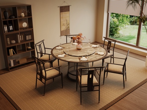 新中式餐桌椅 圆桌su模型