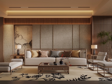 新中式客厅 背景墙 沙发茶几组合su模型