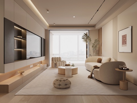  现代奶油风客厅3d模型 