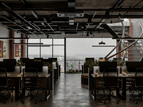  现代工业风办公室 LOFT工业风办公室 现代开放式办公空间3d模型 