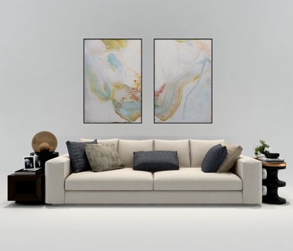  现代布艺沙发挂画圆几台灯摆件组合3d模型 