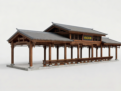 中式廊桥 木结构风雨连廊​ 园林古建长廊 清风廊桥建筑模型​su模型