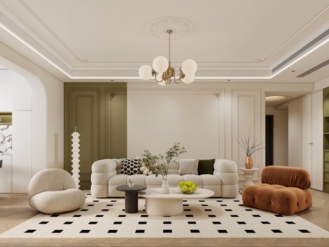  法式奶油客厅  法式客厅 奶油客厅 奶油沙发 法式吊灯3d模型 