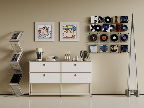  中古风边柜 落地灯 书架 黑胶唱片3d模型 