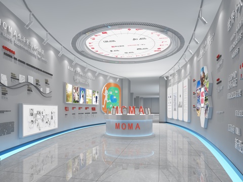  现代公司过道 吸顶灯 墙绘 展示台3d模型 