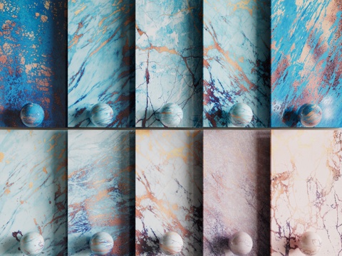 北欧轻奢石材 玫瑰金色大理石 蓝色大理石 彩色纹路石材 岩板su模型