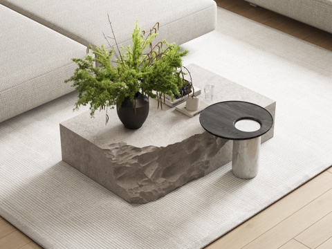 现代茶几 石材茶几 岩石茶几 茶几摆件 绿植摆件 侘寂风茶几su模型