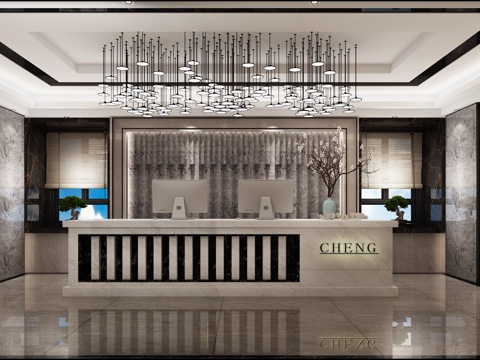  新中式高端入户大厅接待台 吊灯 壁灯 飘窗窗帘3d模型 