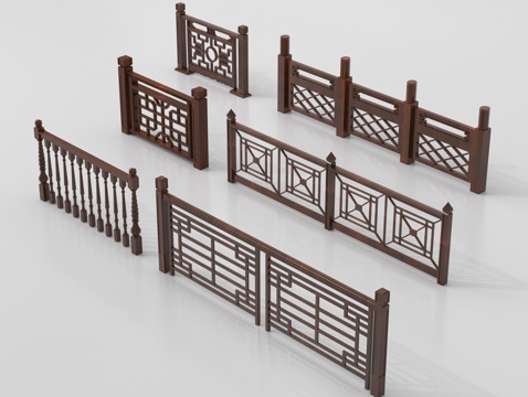 新中式栏杆护栏 栅栏围栏 实木围栏护栏su模型