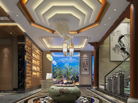  中式公司中式过道水景3d模型 