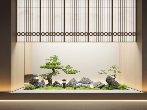 新中式禅意室内景观 植物景观 绿植景观 景观造景 天井景观su模型
