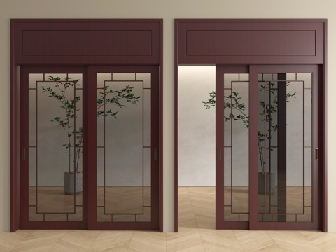 中式推拉门  玻璃推拉门 阳台推拉门su模型