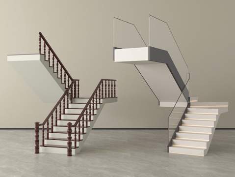  新中式楼梯扶手梯 楼梯栏杆护栏 玻璃转角楼梯护栏3d模型 