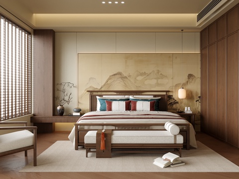 新中式卧室 双人床 床尾凳su模型