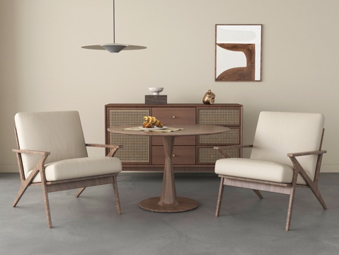 侘寂风休闲桌椅组合 吊灯 边柜 挂画su模型