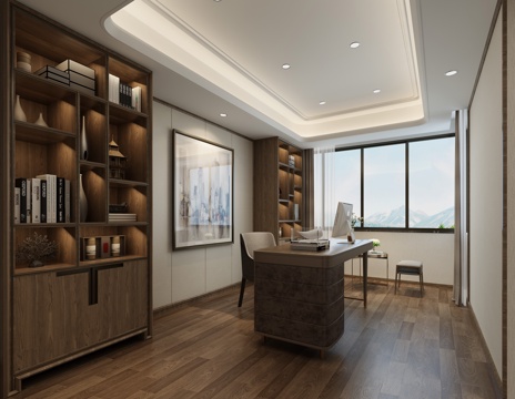  新中式别墅书房3d模型 