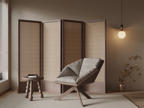 现代中古风休闲椅 屏风 隔断su模型