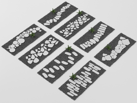 新中式汀步 青石板 园路铺装 碎石步道 地面铺装su模型