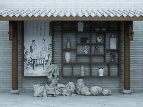 新中式壁柜石头饰品徽派建筑马头墙背景组合3d模型